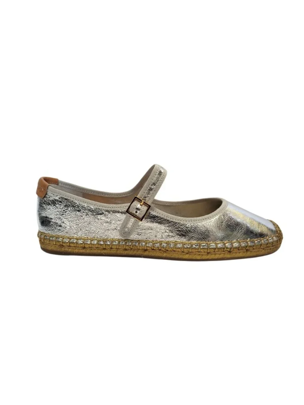 Tory Burch Metallic Silver Mary Jane Espadrille Flats Leather